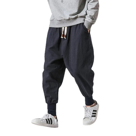 Cotton Linen Harem Pants Men / Solid Elastic Waist / Streetwear Joggers Baggy Drop-crotch