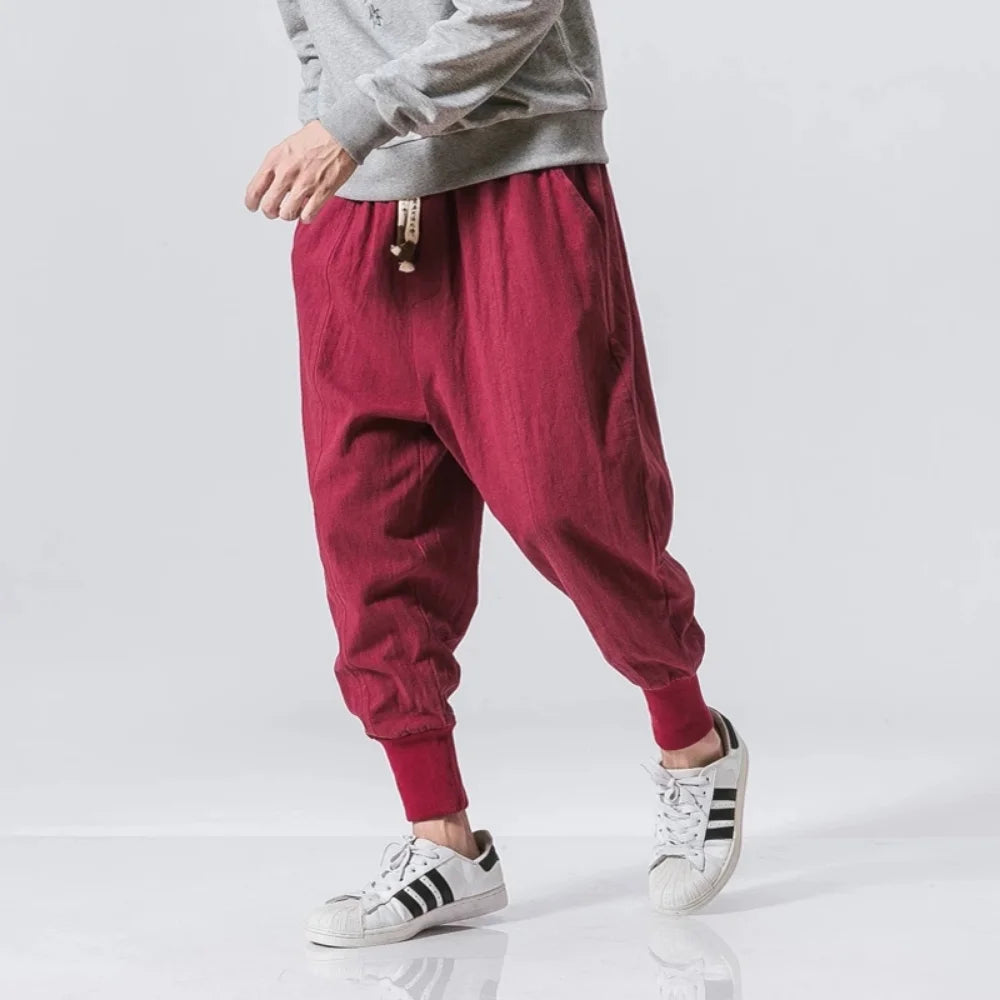 Cotton Linen Harem Pants Men / Solid Elastic Waist / Streetwear Joggers Baggy Drop-crotch