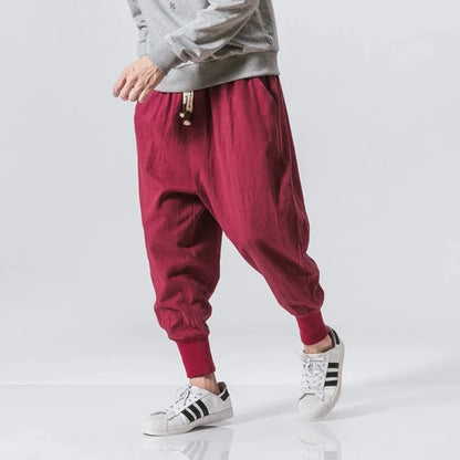 Cotton Linen Harem Pants Men / Solid Elastic Waist / Streetwear Joggers Baggy Drop-crotch