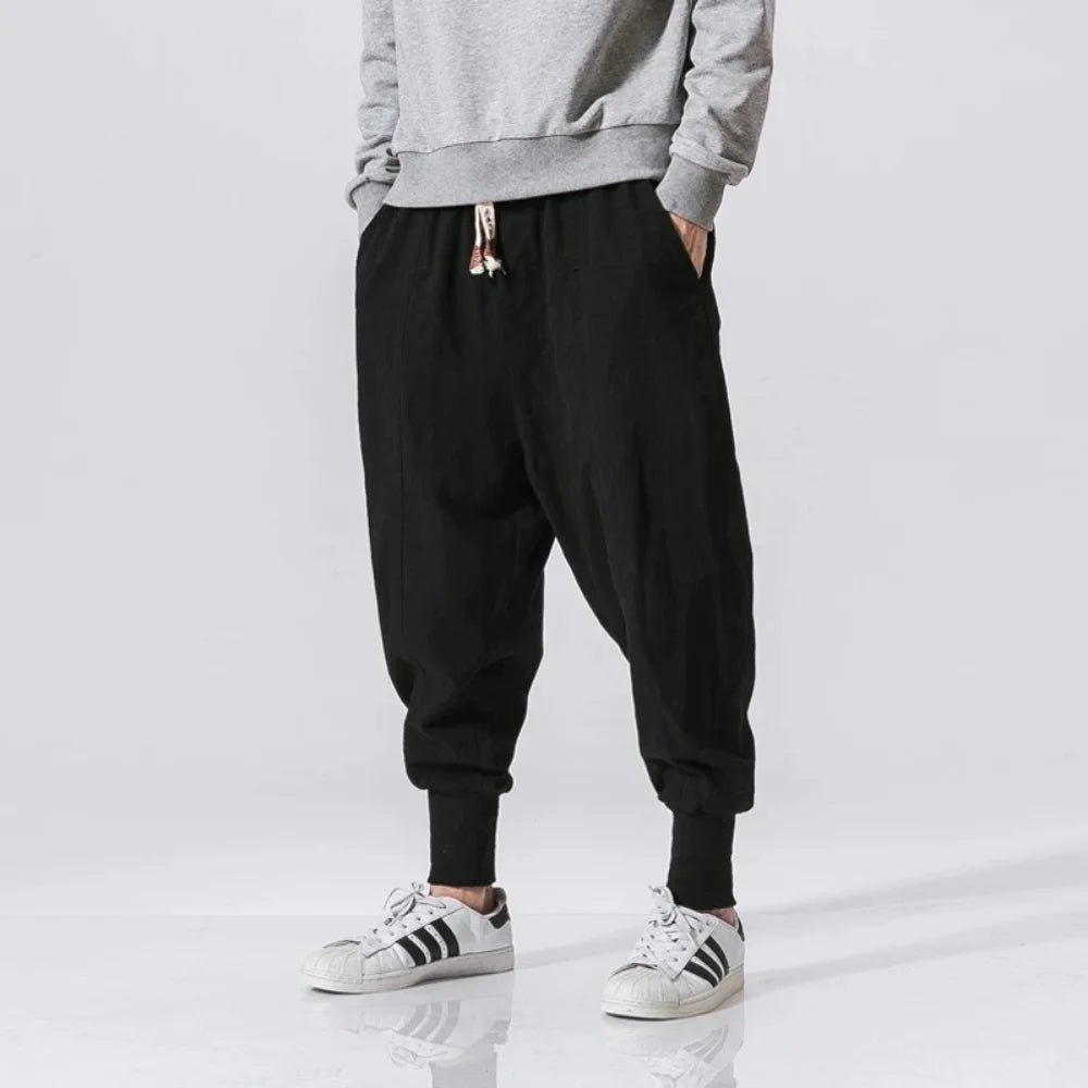 Cotton Linen Harem Pants Men / Solid Elastic Waist / Streetwear Joggers Baggy Drop-crotch