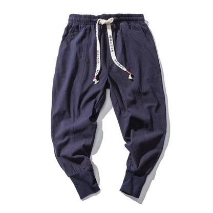 Cotton Linen Harem Pants Men / Solid Elastic Waist / Streetwear Joggers Baggy Drop-crotch